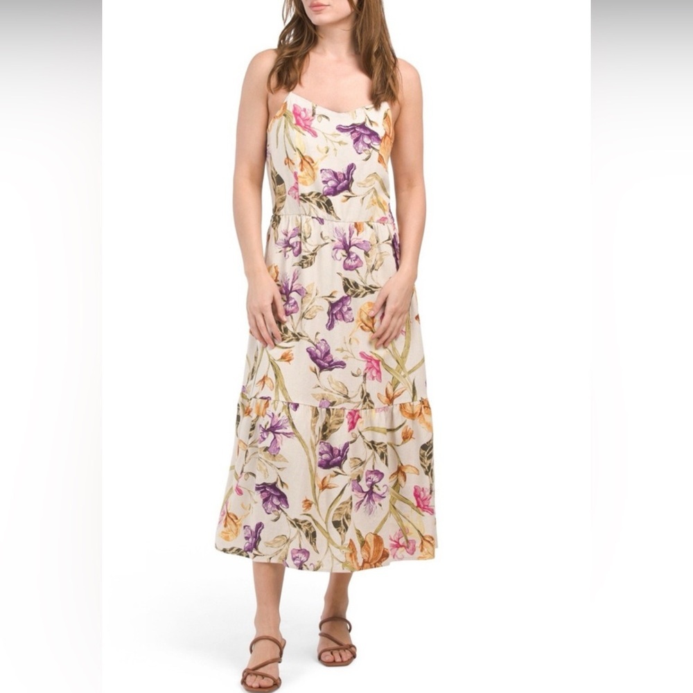 Joie Beige Floral Print Linen-Blend Midi Dress Size Large